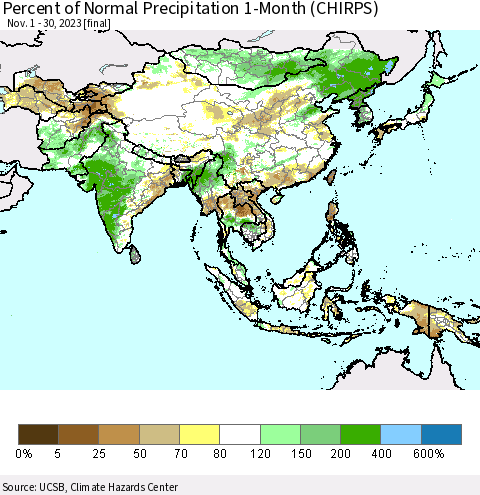 Asia Percent of Normal Precipitation 1-Month (CHIRPS) Thematic Map For 11/1/2023 - 11/30/2023