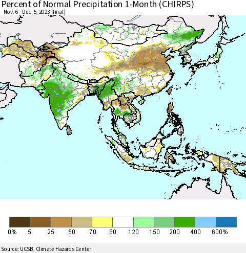 Asia Percent of Normal Precipitation 1-Month (CHIRPS) Thematic Map For 11/6/2023 - 12/5/2023