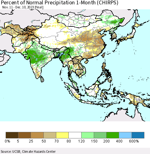 Asia Percent of Normal Precipitation 1-Month (CHIRPS) Thematic Map For 11/11/2023 - 12/10/2023