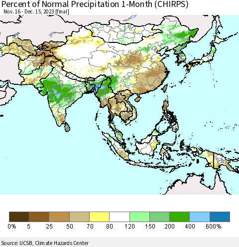 Asia Percent of Normal Precipitation 1-Month (CHIRPS) Thematic Map For 11/16/2023 - 12/15/2023