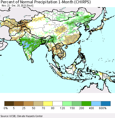 Asia Percent of Normal Precipitation 1-Month (CHIRPS) Thematic Map For 11/21/2023 - 12/20/2023