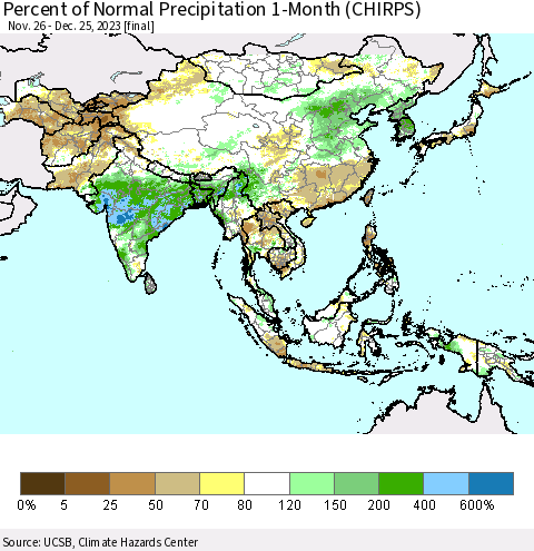 Asia Percent of Normal Precipitation 1-Month (CHIRPS) Thematic Map For 11/26/2023 - 12/25/2023
