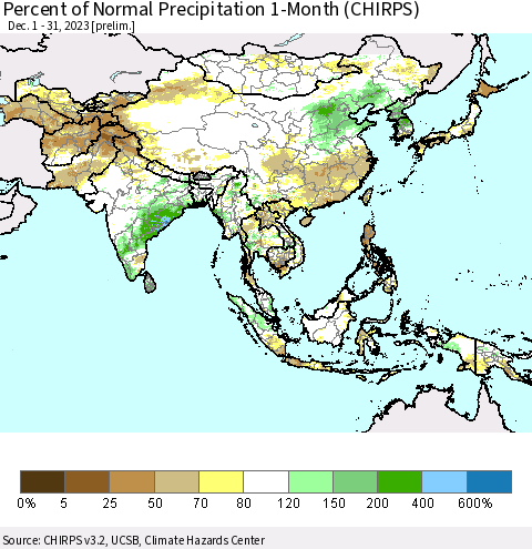 Asia Percent of Normal Precipitation 1-Month (CHIRPS) Thematic Map For 12/1/2023 - 12/31/2023