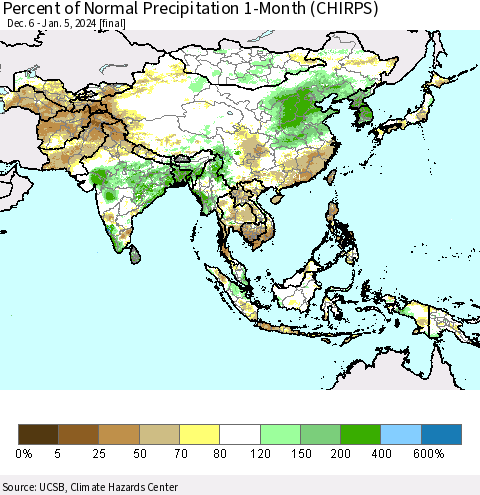Asia Percent of Normal Precipitation 1-Month (CHIRPS) Thematic Map For 12/6/2023 - 1/5/2024