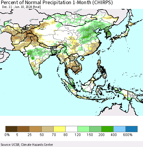 Asia Percent of Normal Precipitation 1-Month (CHIRPS) Thematic Map For 12/11/2023 - 1/10/2024