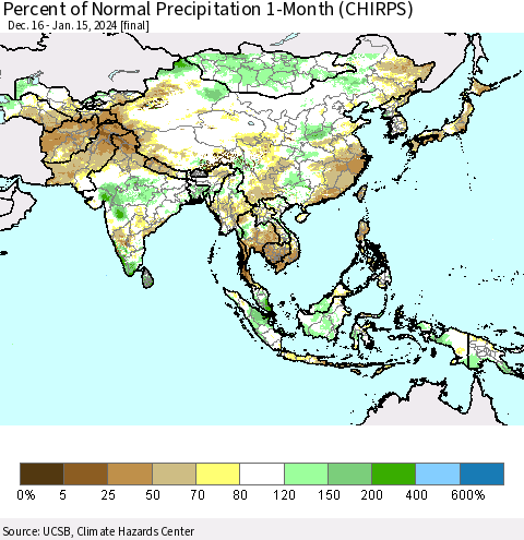 Asia Percent of Normal Precipitation 1-Month (CHIRPS) Thematic Map For 12/16/2023 - 1/15/2024