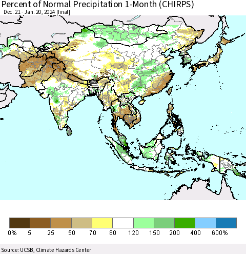 Asia Percent of Normal Precipitation 1-Month (CHIRPS) Thematic Map For 12/21/2023 - 1/20/2024