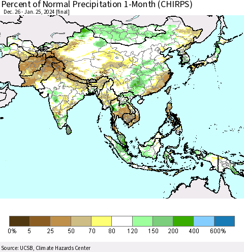 Asia Percent of Normal Precipitation 1-Month (CHIRPS) Thematic Map For 12/26/2023 - 1/25/2024
