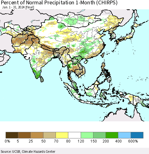 Asia Percent of Normal Precipitation 1-Month (CHIRPS) Thematic Map For 1/1/2024 - 1/31/2024