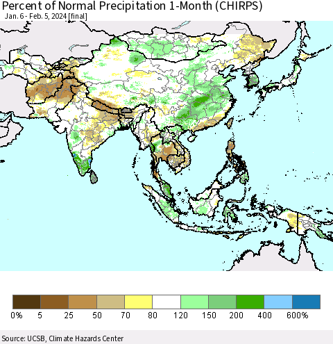 Asia Percent of Normal Precipitation 1-Month (CHIRPS) Thematic Map For 1/6/2024 - 2/5/2024