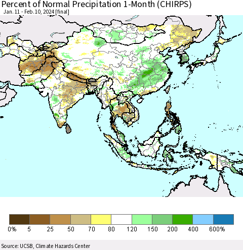 Asia Percent of Normal Precipitation 1-Month (CHIRPS) Thematic Map For 1/11/2024 - 2/10/2024