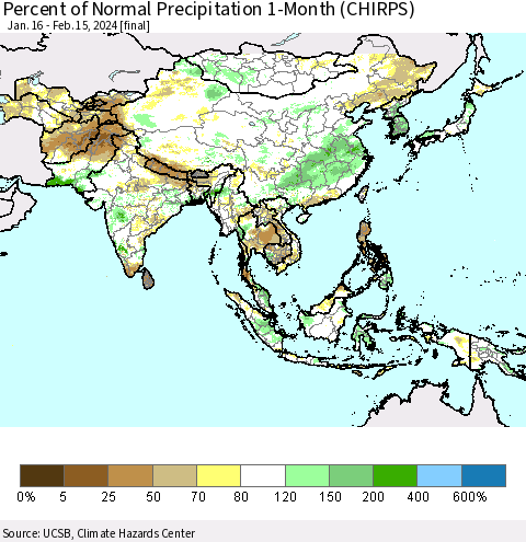 Asia Percent of Normal Precipitation 1-Month (CHIRPS) Thematic Map For 1/16/2024 - 2/15/2024