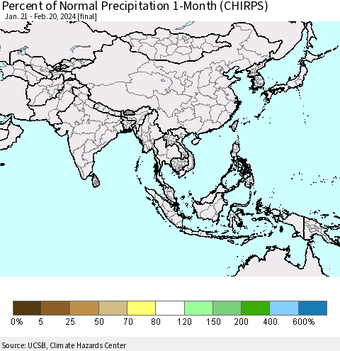 Asia Percent of Normal Precipitation 1-Month (CHIRPS) Thematic Map For 1/21/2024 - 2/20/2024