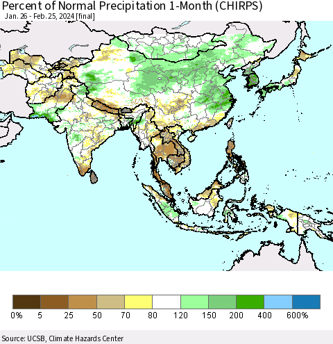 Asia Percent of Normal Precipitation 1-Month (CHIRPS) Thematic Map For 1/26/2024 - 2/25/2024