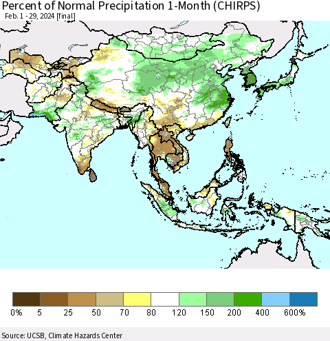 Asia Percent of Normal Precipitation 1-Month (CHIRPS) Thematic Map For 2/1/2024 - 2/29/2024