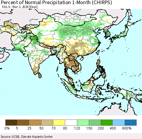 Asia Percent of Normal Precipitation 1-Month (CHIRPS) Thematic Map For 2/6/2024 - 3/5/2024