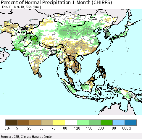Asia Percent of Normal Precipitation 1-Month (CHIRPS) Thematic Map For 2/11/2024 - 3/10/2024