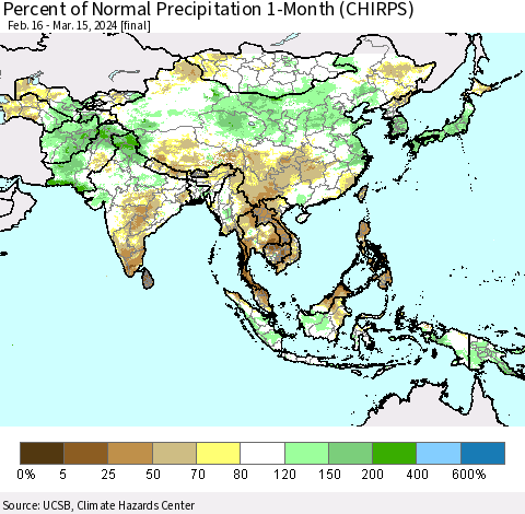 Asia Percent of Normal Precipitation 1-Month (CHIRPS) Thematic Map For 2/16/2024 - 3/15/2024