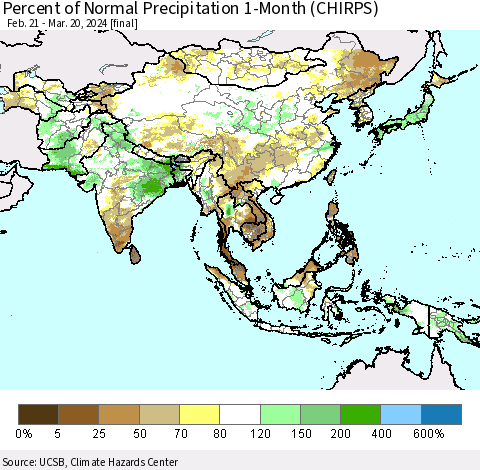 Asia Percent of Normal Precipitation 1-Month (CHIRPS) Thematic Map For 2/21/2024 - 3/20/2024