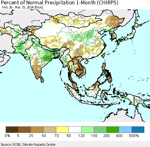Asia Percent of Normal Precipitation 1-Month (CHIRPS) Thematic Map For 2/26/2024 - 3/25/2024