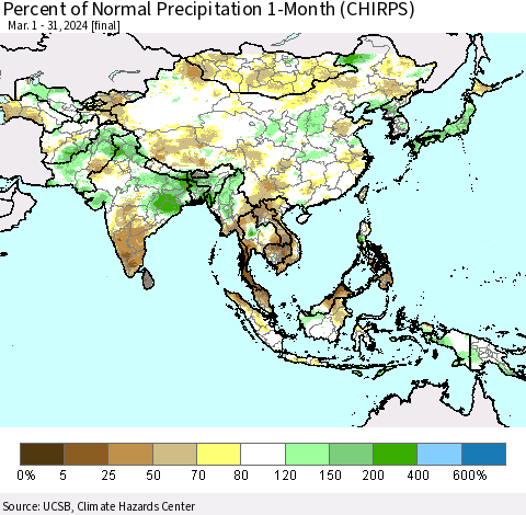 Asia Percent of Normal Precipitation 1-Month (CHIRPS) Thematic Map For 3/1/2024 - 3/31/2024