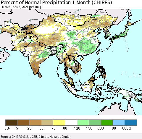 Asia Percent of Normal Precipitation 1-Month (CHIRPS) Thematic Map For 3/6/2024 - 4/5/2024