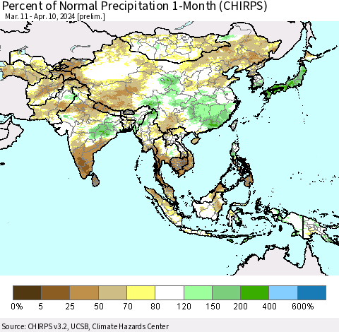 Asia Percent of Normal Precipitation 1-Month (CHIRPS) Thematic Map For 3/11/2024 - 4/10/2024