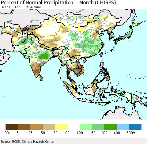 Asia Percent of Normal Precipitation 1-Month (CHIRPS) Thematic Map For 3/16/2024 - 4/15/2024