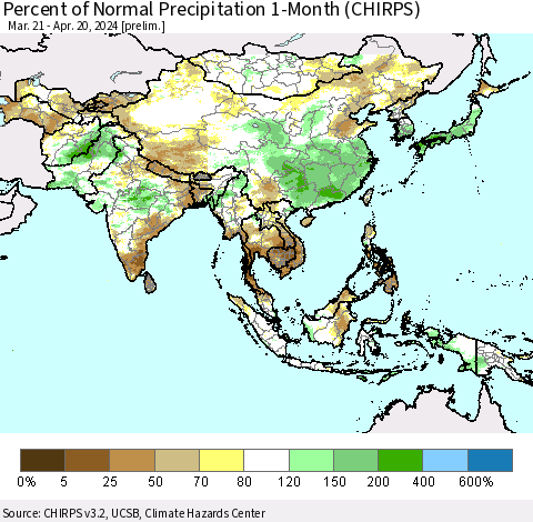 Asia Percent of Normal Precipitation 1-Month (CHIRPS) Thematic Map For 3/21/2024 - 4/20/2024