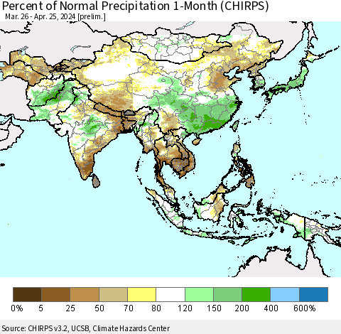 Asia Percent of Normal Precipitation 1-Month (CHIRPS) Thematic Map For 3/26/2024 - 4/25/2024