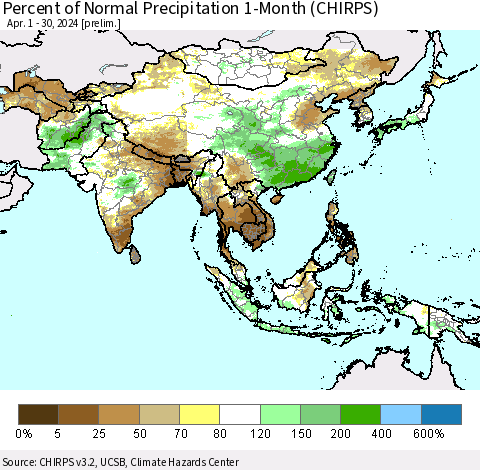 Asia Percent of Normal Precipitation 1-Month (CHIRPS) Thematic Map For 4/1/2024 - 4/30/2024