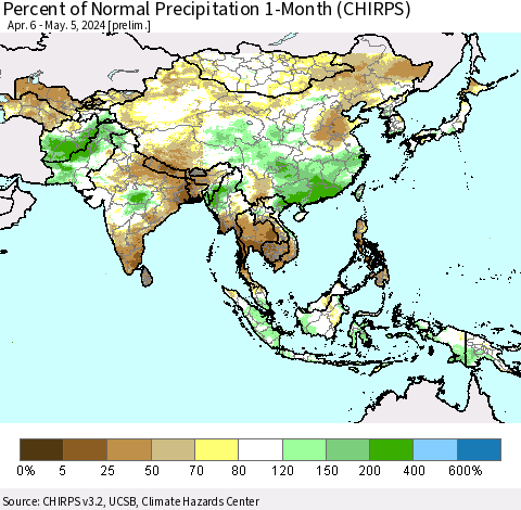 Asia Percent of Normal Precipitation 1-Month (CHIRPS) Thematic Map For 4/6/2024 - 5/5/2024