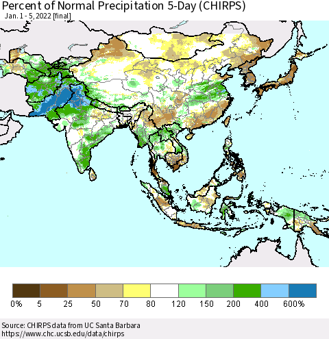 Asia Percent of Normal Precipitation 5-Day (CHIRPS) Thematic Map For 1/1/2022 - 1/5/2022