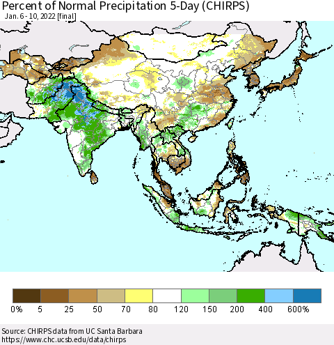 Asia Percent of Normal Precipitation 5-Day (CHIRPS) Thematic Map For 1/6/2022 - 1/10/2022