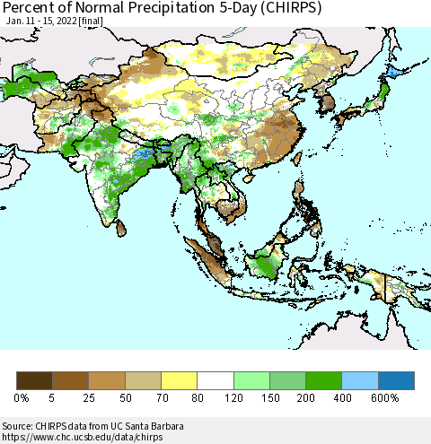 Asia Percent of Normal Precipitation 5-Day (CHIRPS) Thematic Map For 1/11/2022 - 1/15/2022