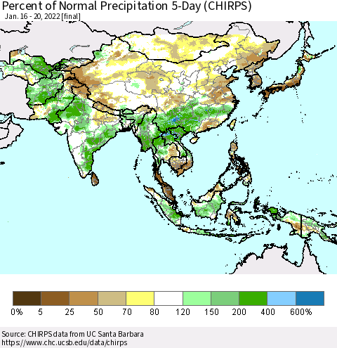 Asia Percent of Normal Precipitation 5-Day (CHIRPS) Thematic Map For 1/16/2022 - 1/20/2022