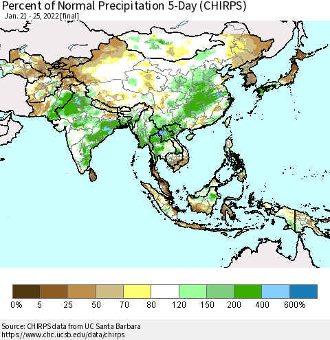 Asia Percent of Normal Precipitation 5-Day (CHIRPS) Thematic Map For 1/21/2022 - 1/25/2022