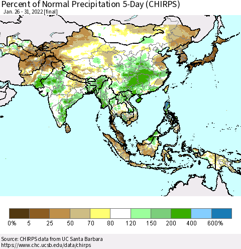 Asia Percent of Normal Precipitation 5-Day (CHIRPS) Thematic Map For 1/26/2022 - 1/31/2022