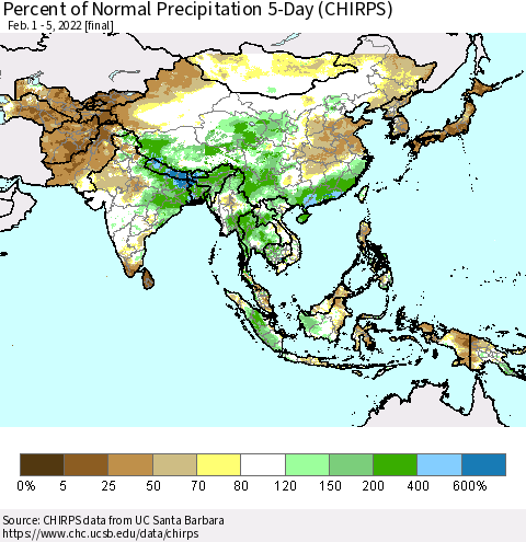 Asia Percent of Normal Precipitation 5-Day (CHIRPS) Thematic Map For 2/1/2022 - 2/5/2022