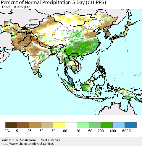 Asia Percent of Normal Precipitation 5-Day (CHIRPS) Thematic Map For 2/6/2022 - 2/10/2022