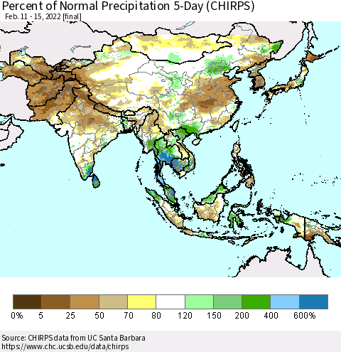 Asia Percent of Normal Precipitation 5-Day (CHIRPS) Thematic Map For 2/11/2022 - 2/15/2022