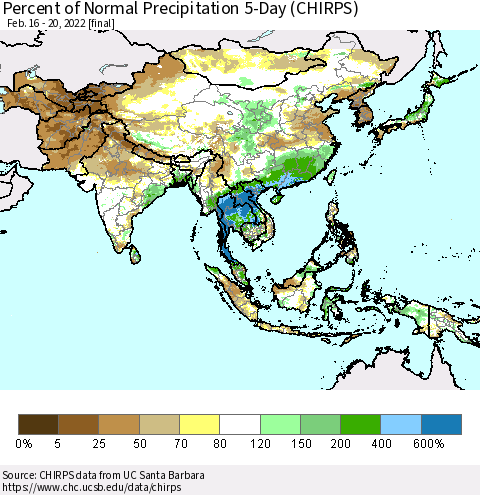 Asia Percent of Normal Precipitation 5-Day (CHIRPS) Thematic Map For 2/16/2022 - 2/20/2022
