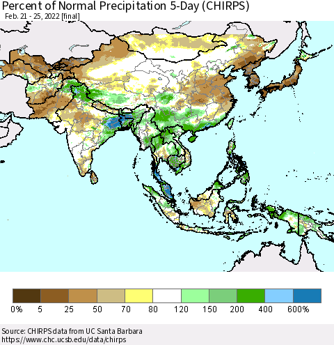 Asia Percent of Normal Precipitation 5-Day (CHIRPS) Thematic Map For 2/21/2022 - 2/25/2022