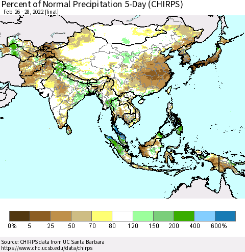 Asia Percent of Normal Precipitation 5-Day (CHIRPS) Thematic Map For 2/26/2022 - 2/28/2022