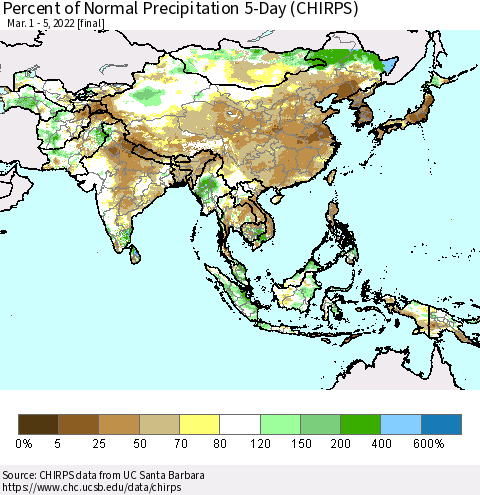 Asia Percent of Normal Precipitation 5-Day (CHIRPS) Thematic Map For 3/1/2022 - 3/5/2022