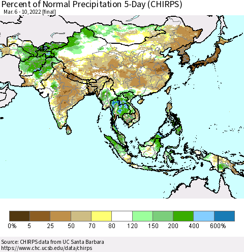 Asia Percent of Normal Precipitation 5-Day (CHIRPS) Thematic Map For 3/6/2022 - 3/10/2022
