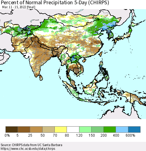 Asia Percent of Normal Precipitation 5-Day (CHIRPS) Thematic Map For 3/11/2022 - 3/15/2022