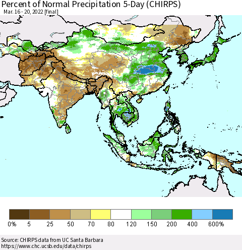 Asia Percent of Normal Precipitation 5-Day (CHIRPS) Thematic Map For 3/16/2022 - 3/20/2022