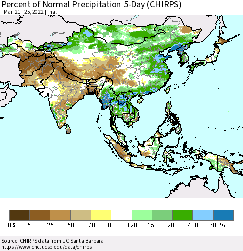 Asia Percent of Normal Precipitation 5-Day (CHIRPS) Thematic Map For 3/21/2022 - 3/25/2022