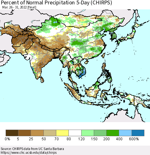 Asia Percent of Normal Precipitation 5-Day (CHIRPS) Thematic Map For 3/26/2022 - 3/31/2022
